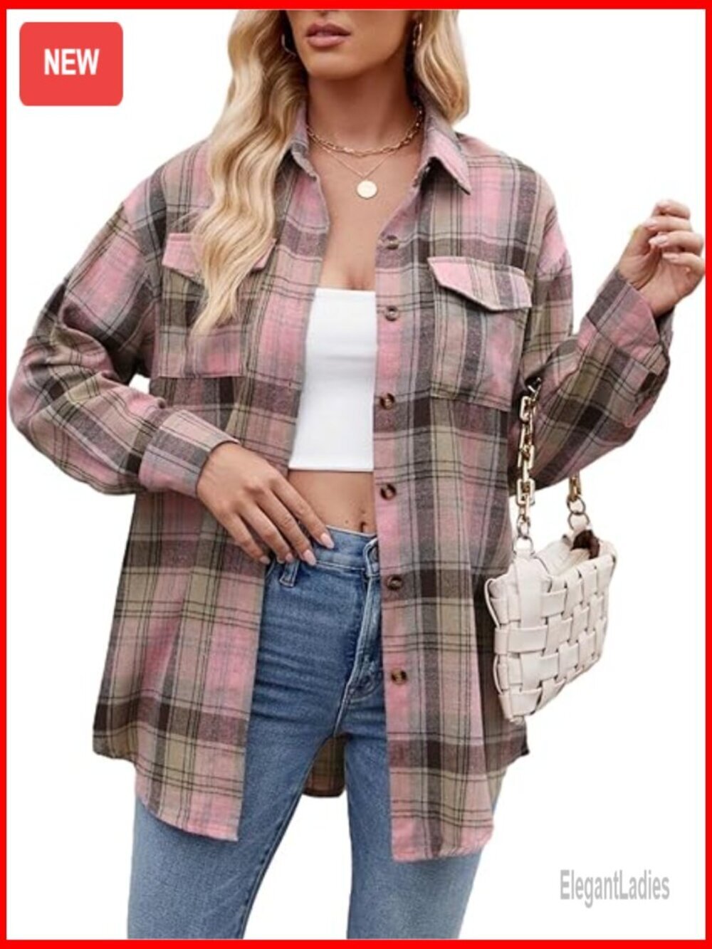 Oversized Flannel Button Down Shirt Long Sleeve Plaid Shacket Blouse